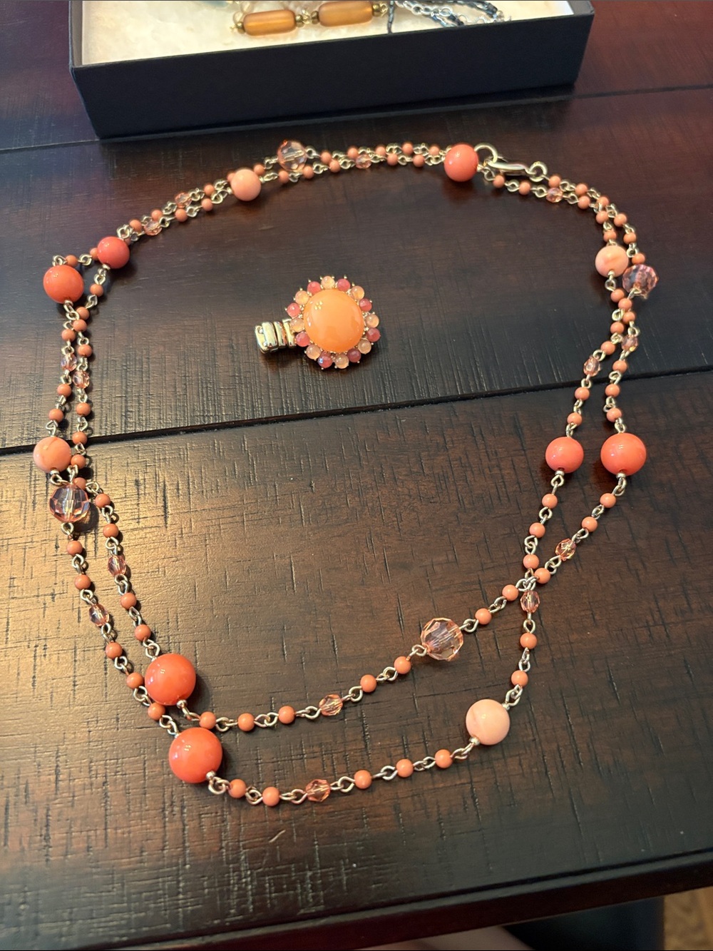 Coral Beaded Double-Strand Necklace and Ring Set